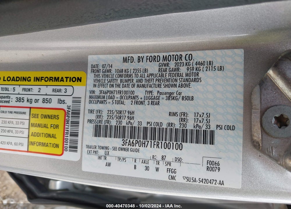 2015 FORD FUSION SE VIN: 3FA6P0H71FR100100