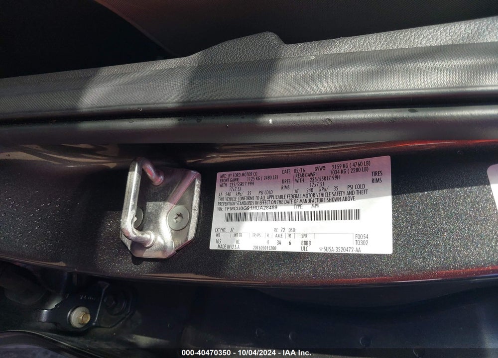 2017 FORD ESCAPE SE VIN: 1FMCU0G91HUA28489