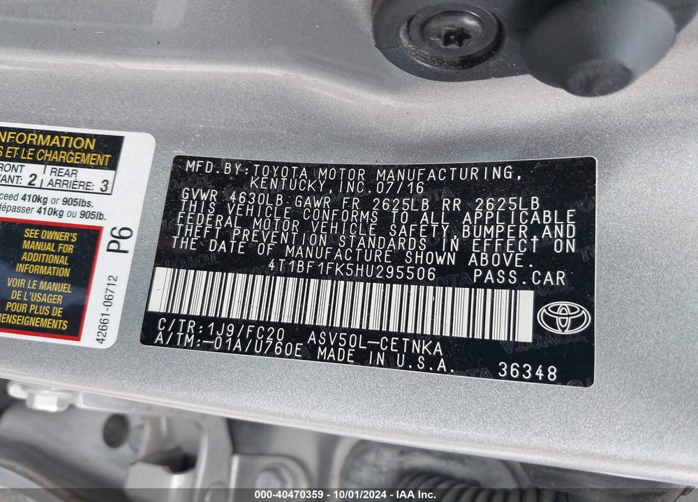 2017 TOYOTA CAMRY LE VIN: 4T1BF1FK5HU295506
