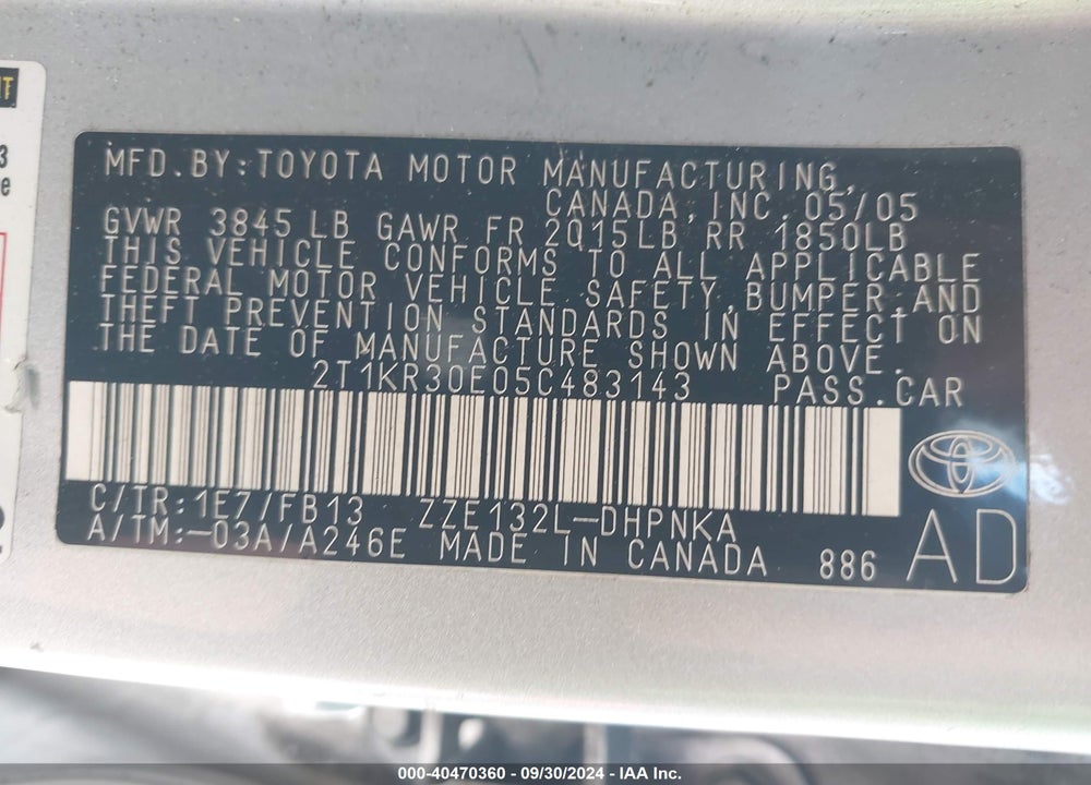2005 TOYOTA MATRIX/XR VIN: 2T1KR30E05C483143