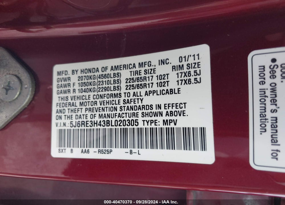 2011 HONDA CR-V SE VIN: 5J6RE3H43BL020305