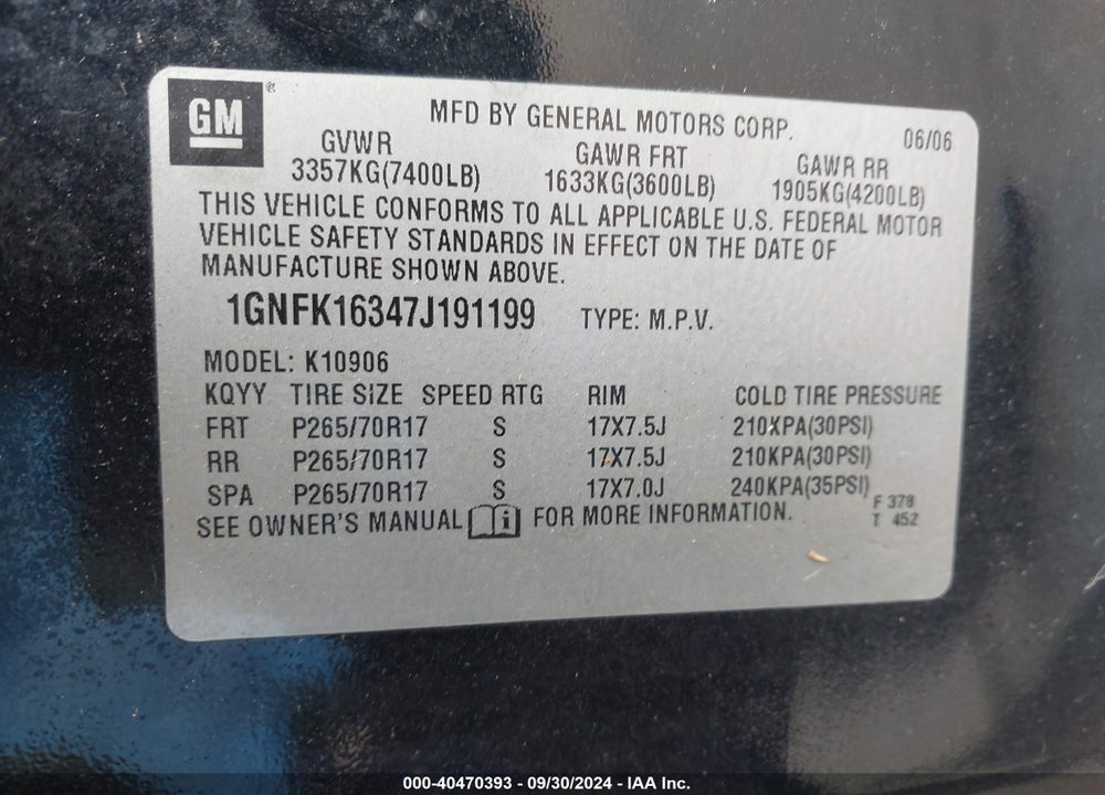 2007 CHEVROLET SUBURBAN 1500 LT VIN: 1GNFK16347J191199