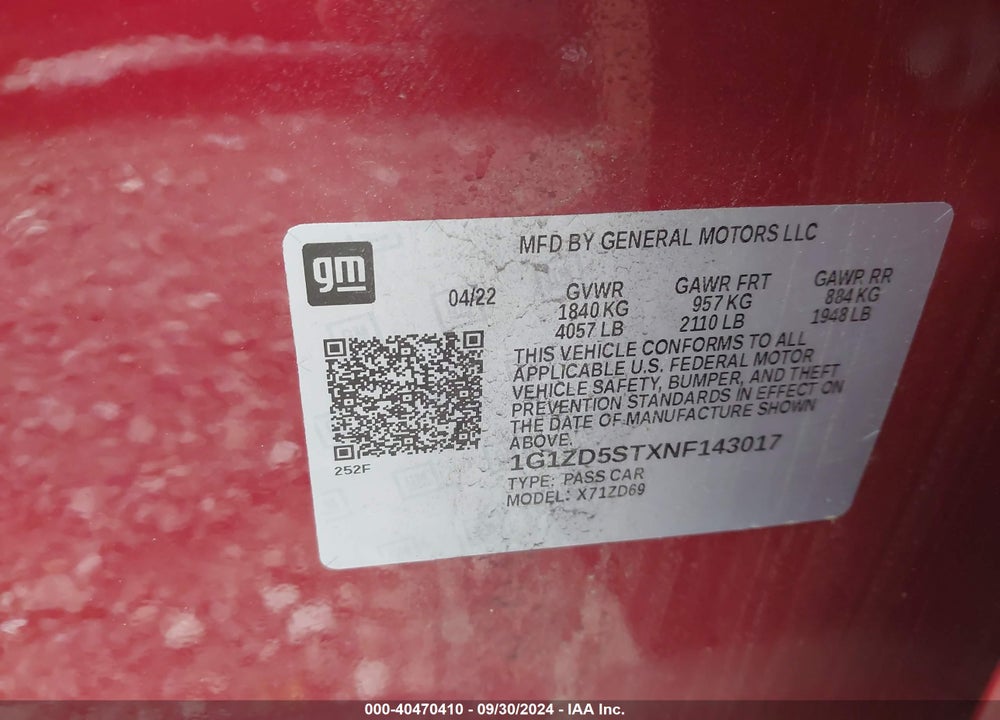 2022 CHEVROLET MALIBU FWD LT VIN: 1G1ZD5STXNF143017