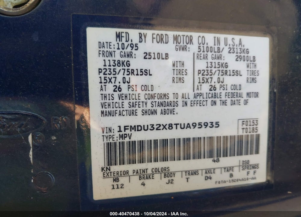 1996 FORD EXPLORER VIN: 1FMDU32X8TUA95935