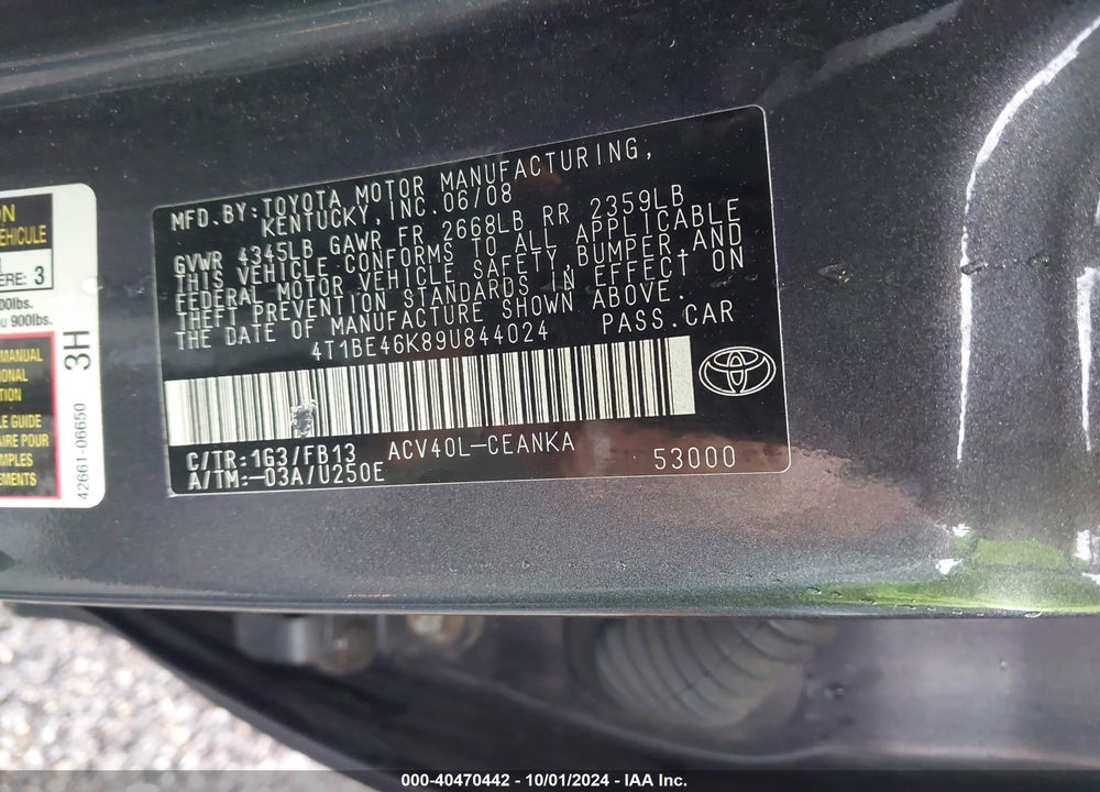 2009 TOYOTA CAMRY LE VIN: 4T1BE46K89U844024