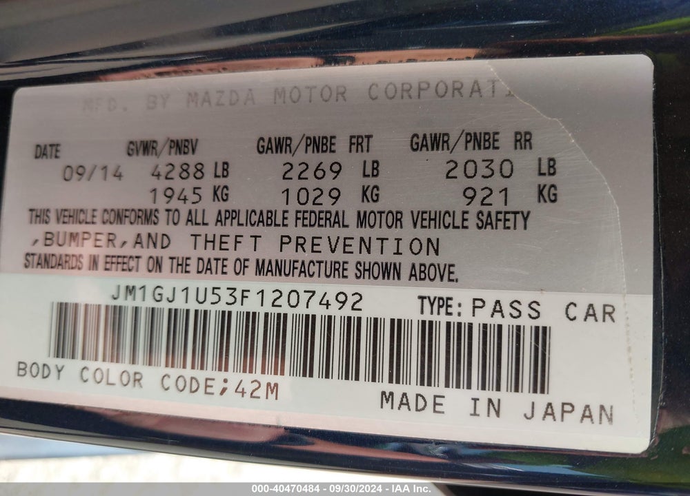 2015 MAZDA MAZDA6 VIN: JM1GJ1U53F1207492