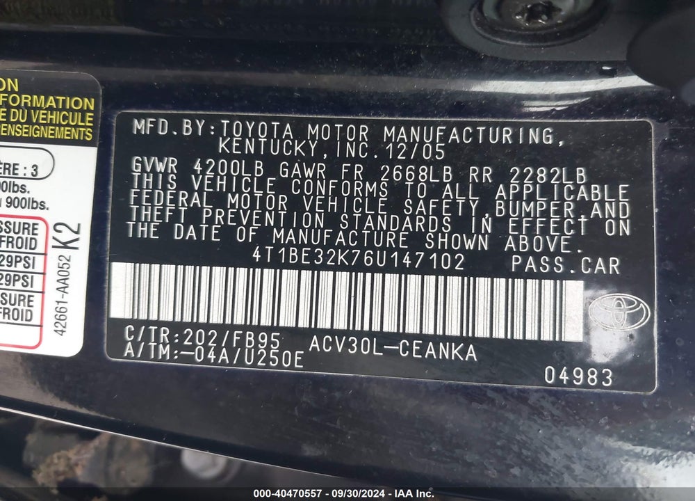 2006 TOYOTA CAMRY LE VIN: 4T1BE32K76U147102