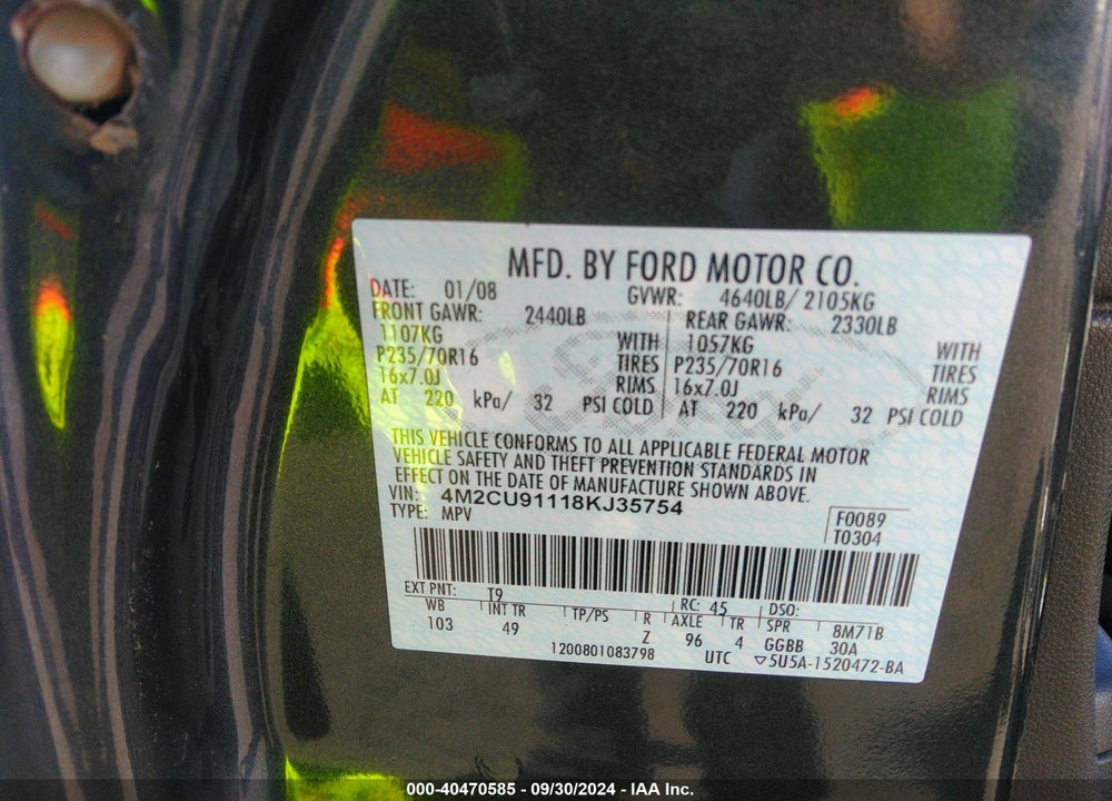 2008 MERCURY MARINER V6 VIN: 4M2CU91118KJ35754