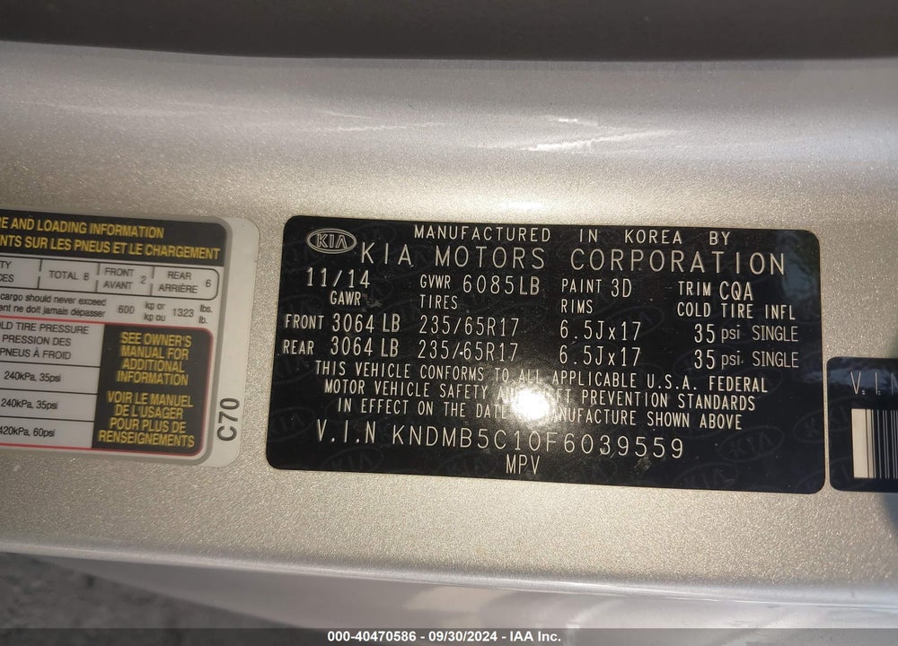 2015 KIA SEDONA LX VIN: KNDMB5C10F6039559