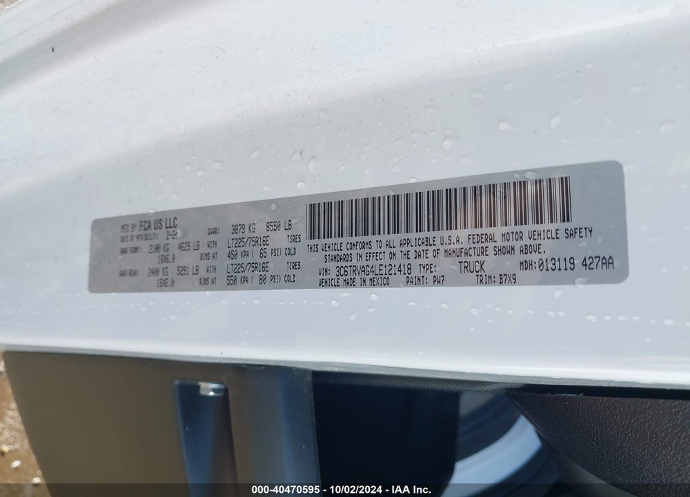 2020 RAM PROMASTER 1500 LOW ROOF 136 WB VIN: 3C6TRVAG4LE121418