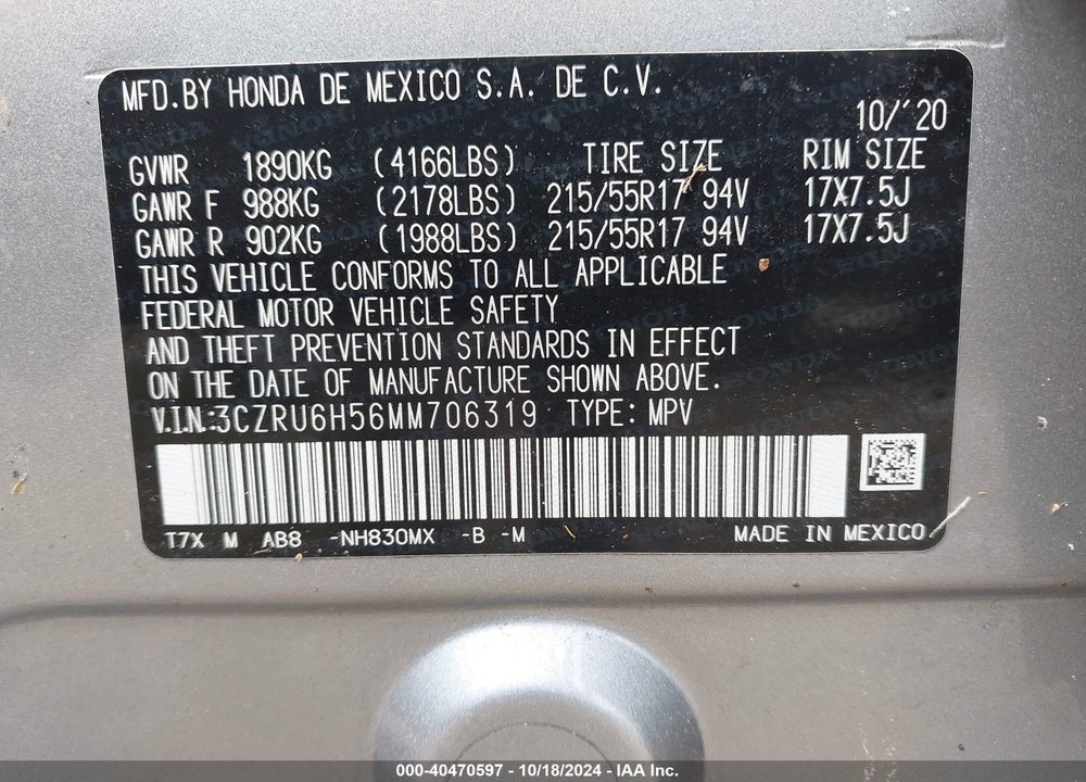 2021 HONDA HR-V AWD EX VIN: 3CZRU6H56MM706319