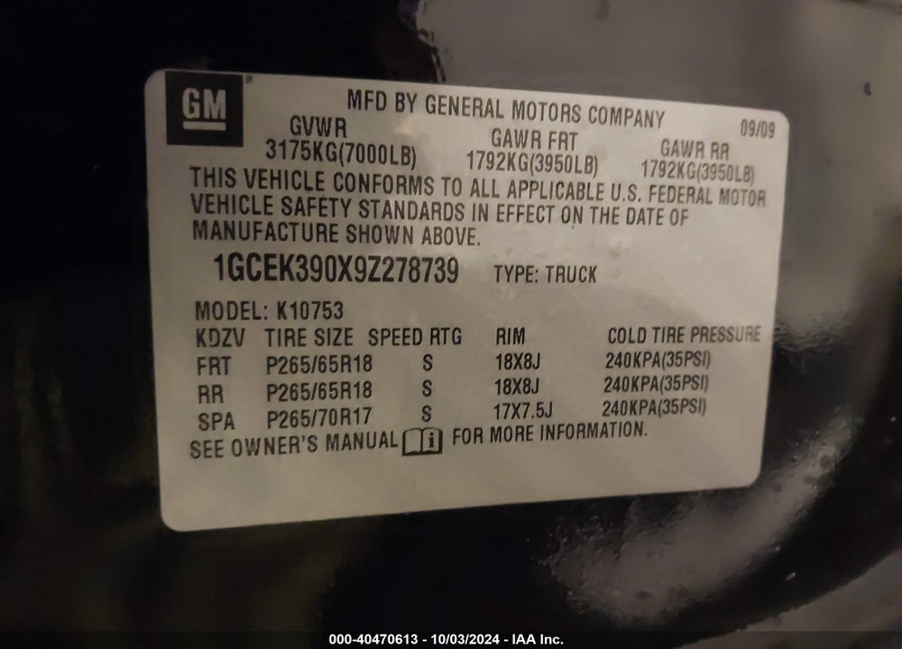 2009 CHEVROLET SILVERADO 1500 LTZ VIN: 1GCEK390X9Z278739