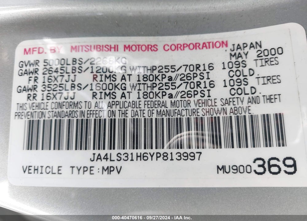 2000 MITSUBISHI MONTERO SPORT LS/XLS VIN: JA4LS31H6YP813997