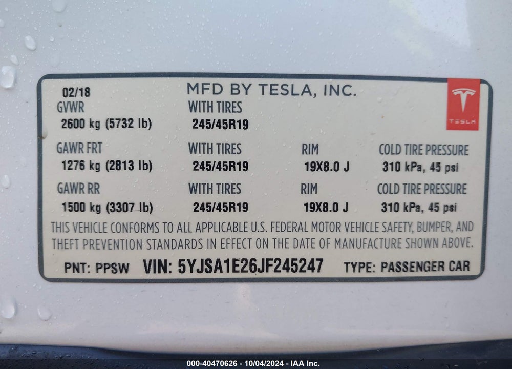 2018 TESLA MODEL S VIN: 5YJSA1E26JF245247