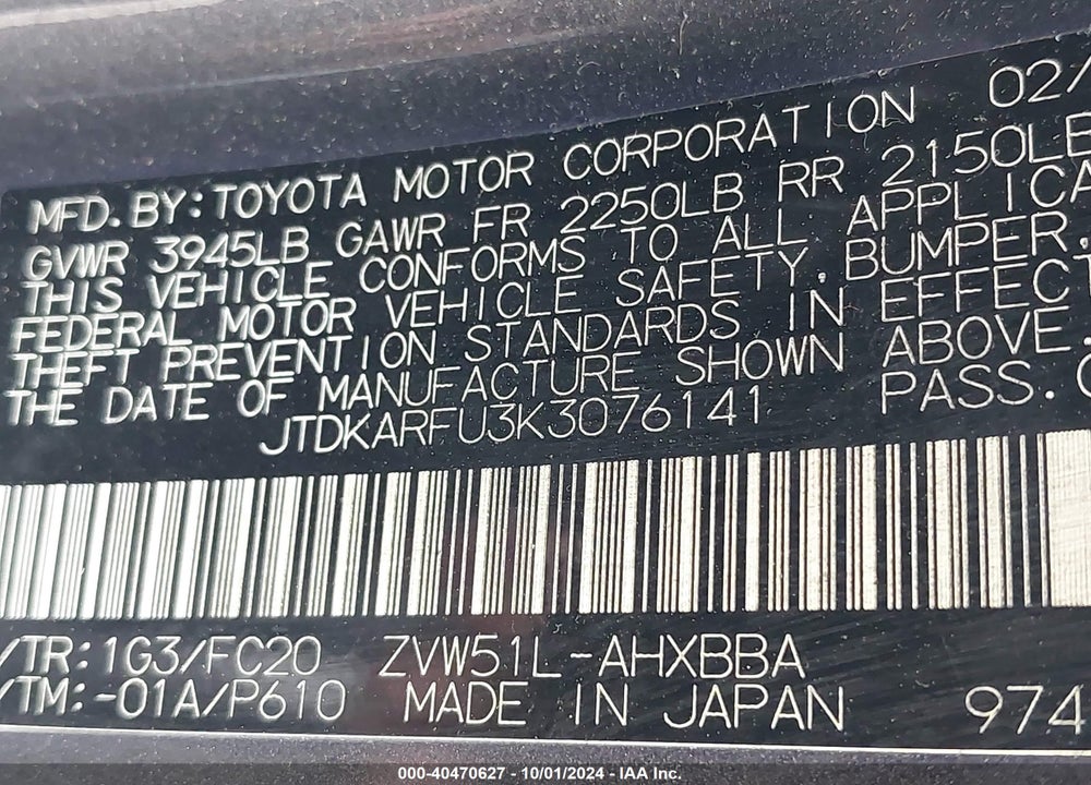 2019 TOYOTA PRIUS L ECO VIN: JTDKARFU3K3076141