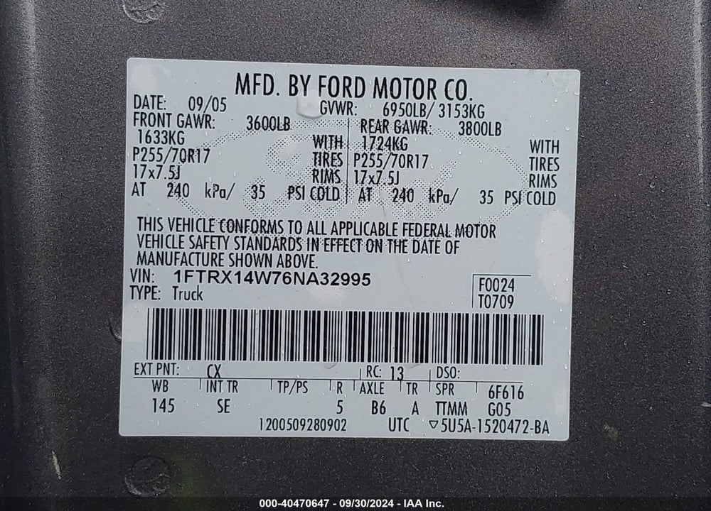 2006 FORD F-150 STX/XL/XLT VIN: 1FTRX14W76NA32995