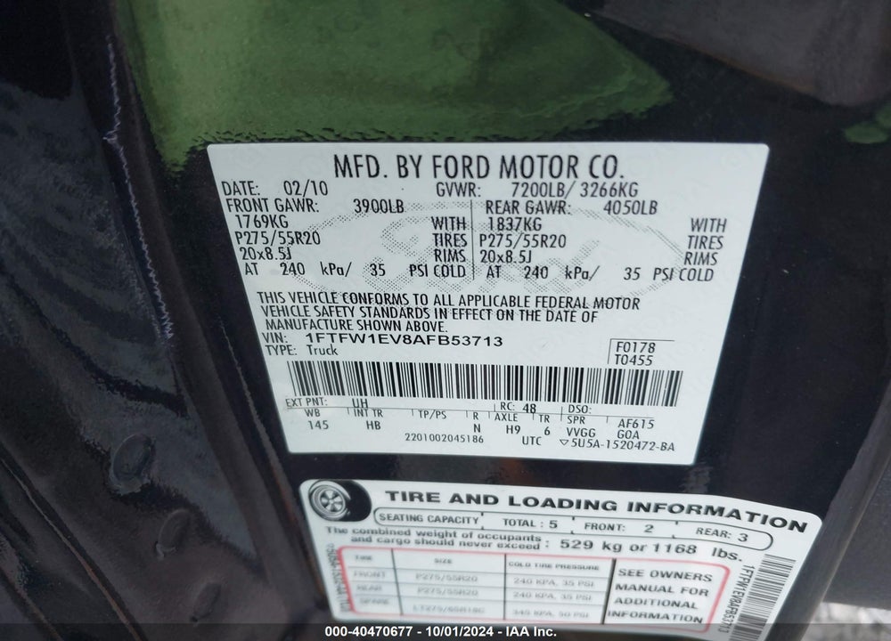 2010 FORD F-150 FX4/HARLEY-DAVIDSON/KING RANCH/LARIAT/PLATINUM/XL/XLT VIN: 1FTFW1EV8AFB53713