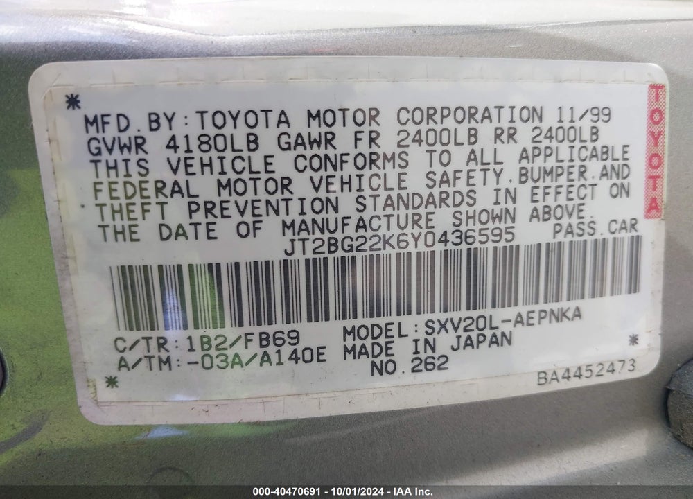2000 TOYOTA CAMRY CE/LE/XLE VIN: JT2BG22K6Y0436595