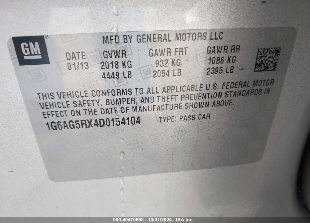 2013 CADILLAC ATS STANDARD VIN: 1G6AG5RX4D0154104