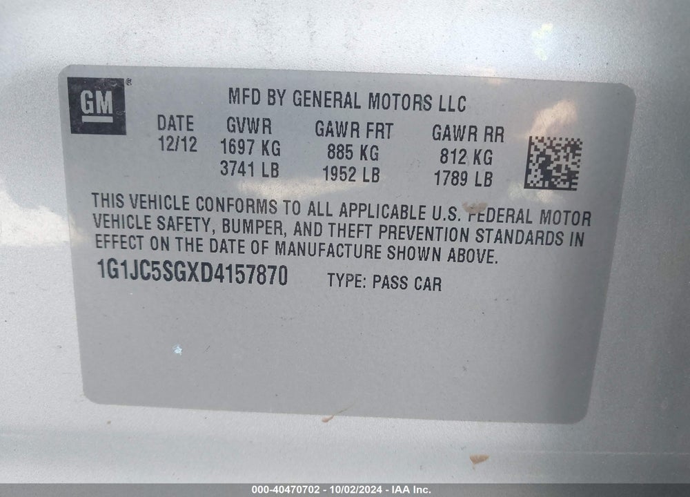 2013 CHEVROLET SONIC LT AUTO VIN: 1G1JC5SGXD4157870