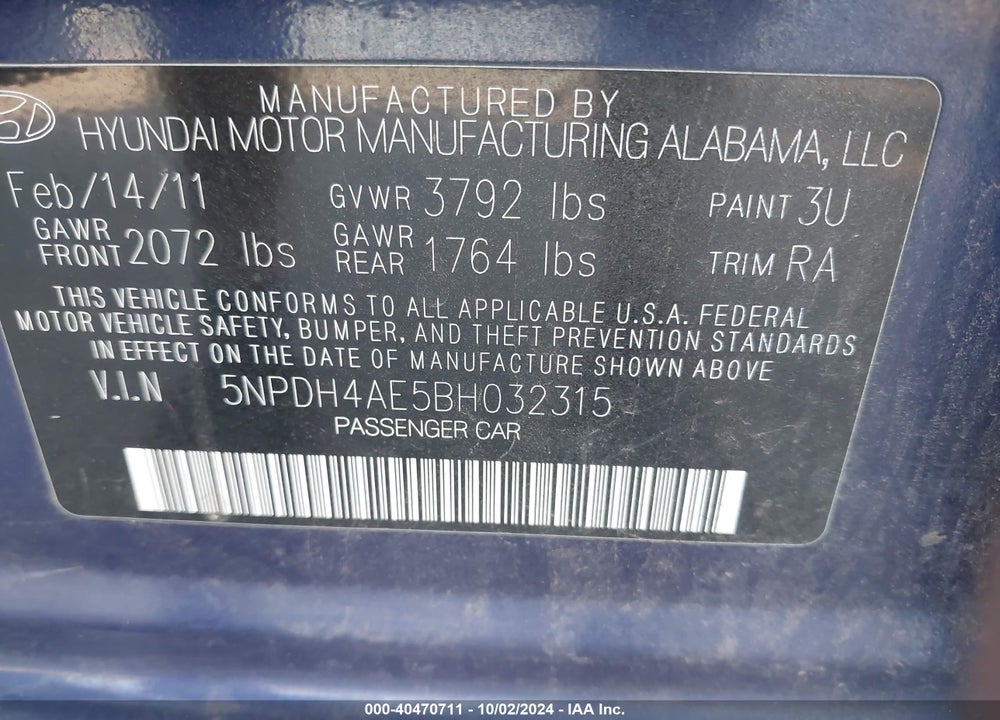 2011 HYUNDAI ELANTRA GLS VIN: 5NPDH4AE5BH032315