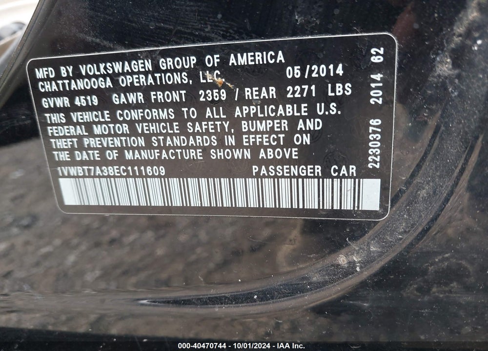 2014 VOLKSWAGEN PASSAT 1.8T SE VIN: 1VWBT7A38EC111609