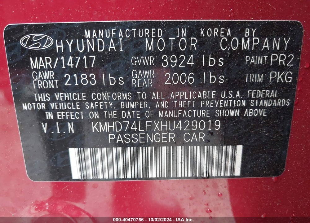 2017 HYUNDAI ELANTRA SE VIN: KMHD74LFXHU429019