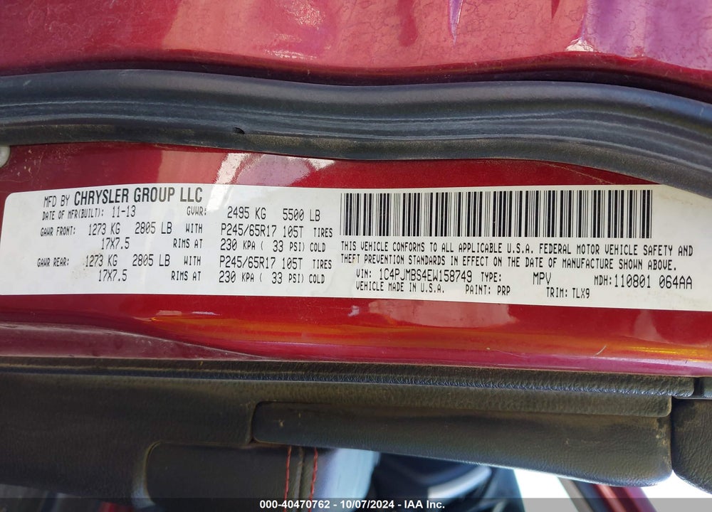 2014 JEEP CHEROKEE TRAILHAWK VIN: 1C4PJMBS4EW158749