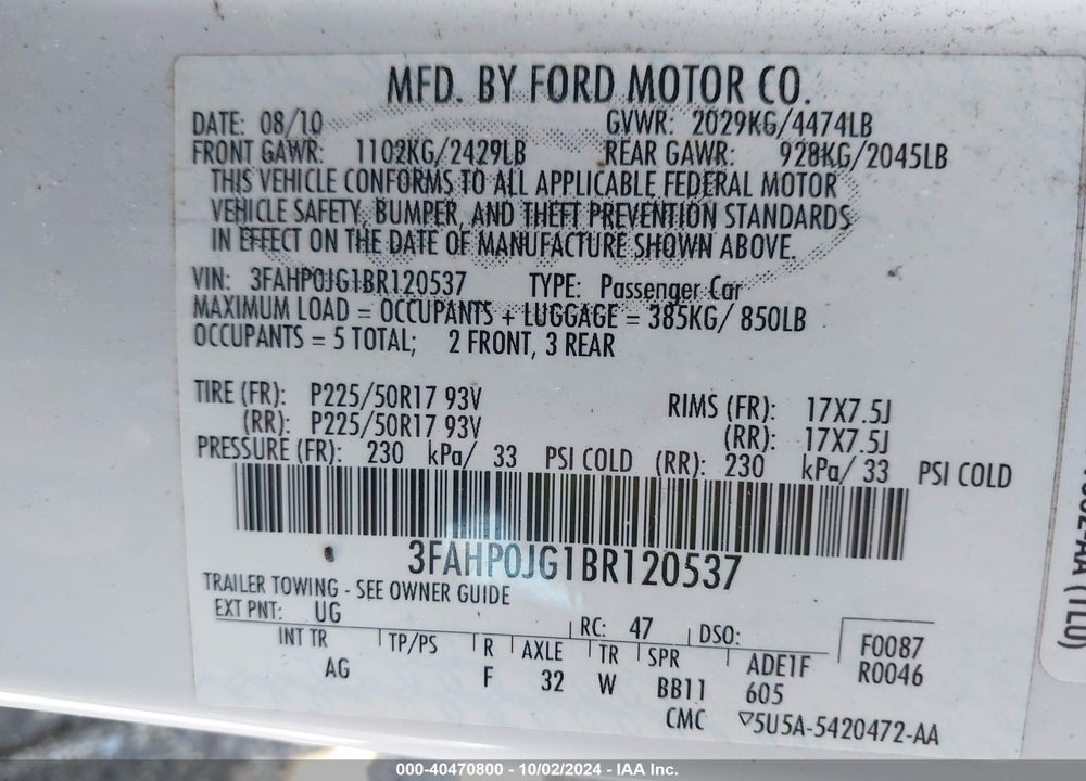 2011 FORD FUSION SEL VIN: 3FAHP0JG1BR120537