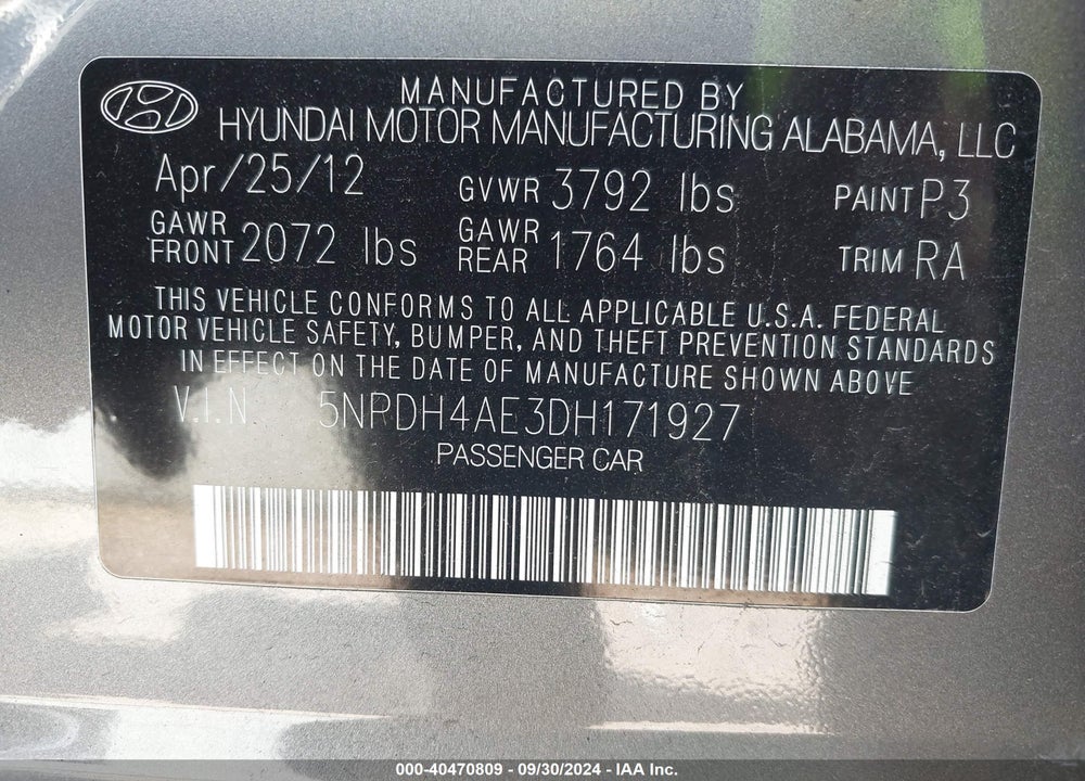 2013 HYUNDAI ELANTRA GLS VIN: 5NPDH4AE3DH171927