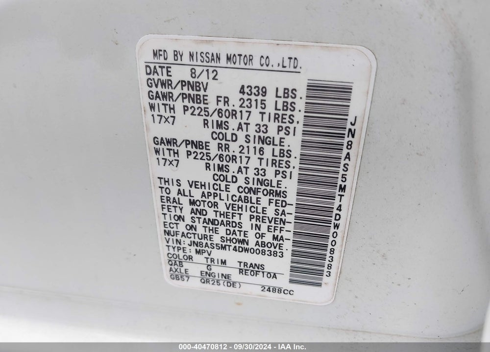 2013 NISSAN ROGUE SV VIN: JN8AS5MT4DW008383