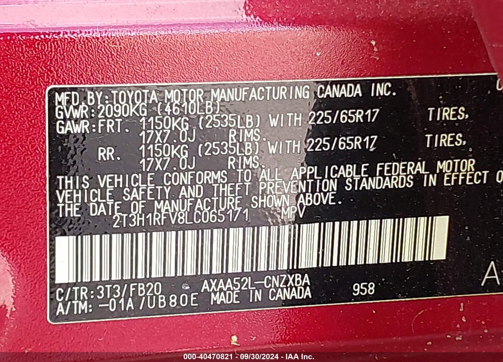 2020 TOYOTA RAV4 LE VIN: 2T3H1RFV8LC065171