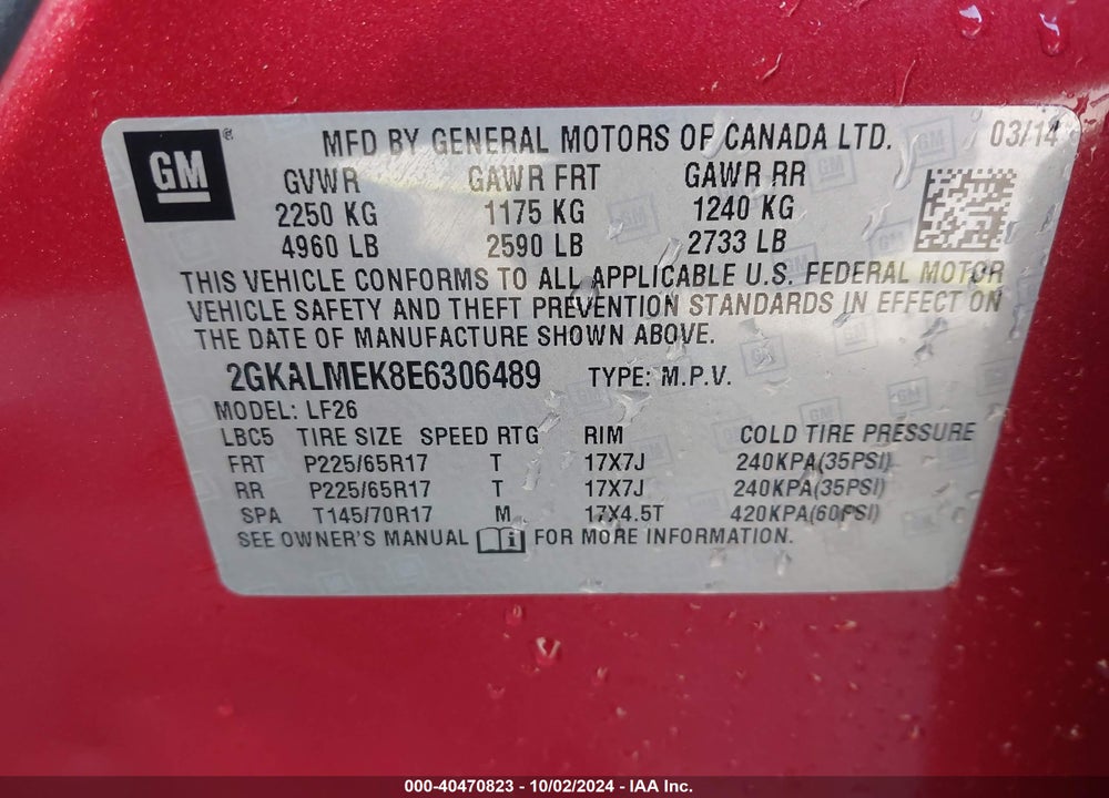 2014 GMC TERRAIN SLE-1 VIN: 2GKALMEK8E6306489
