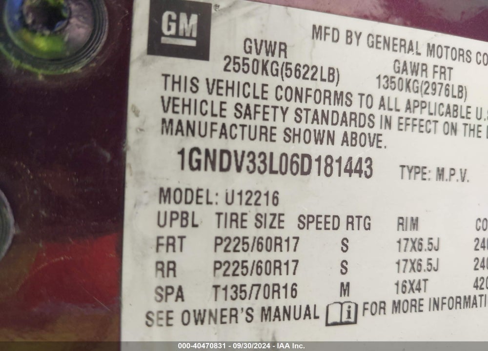 2006 CHEVROLET UPLANDER LT VIN: 1GNDV33L06D181443