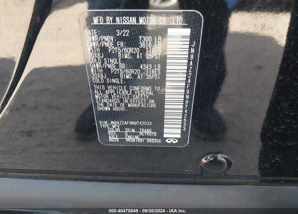 2022 INFINITI QX80 LUXE VIN: JN8AZ2AF6N9742533