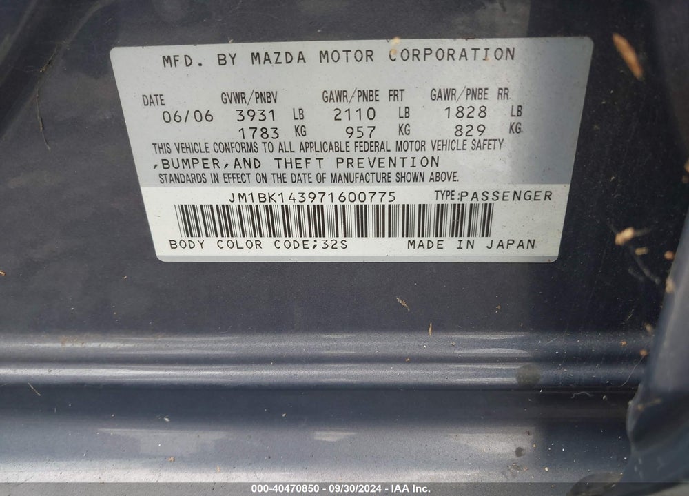 2007 MAZDA MAZDA3 VIN: JM1BK143971600775
