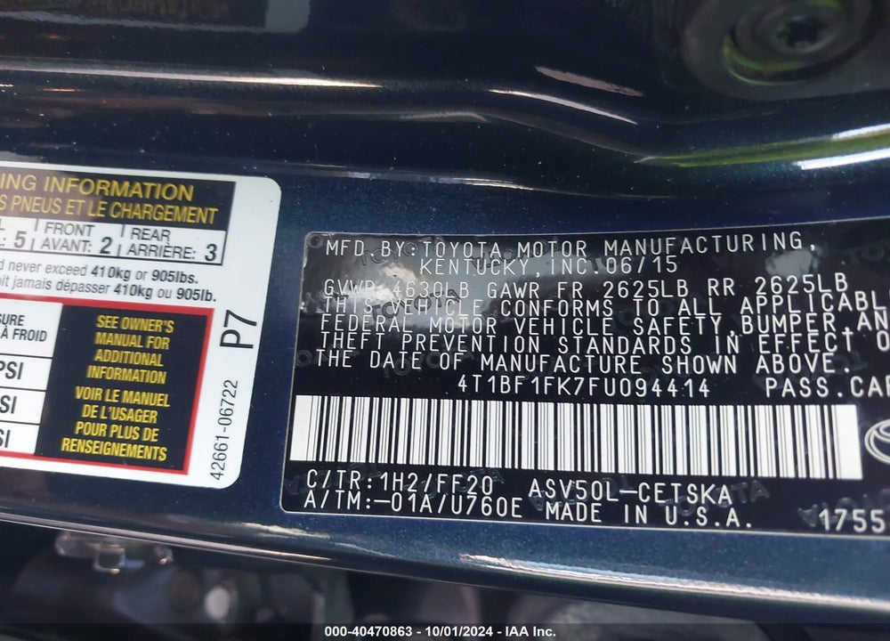 2015 TOYOTA CAMRY SE VIN: 4T1BF1FK7FU094414