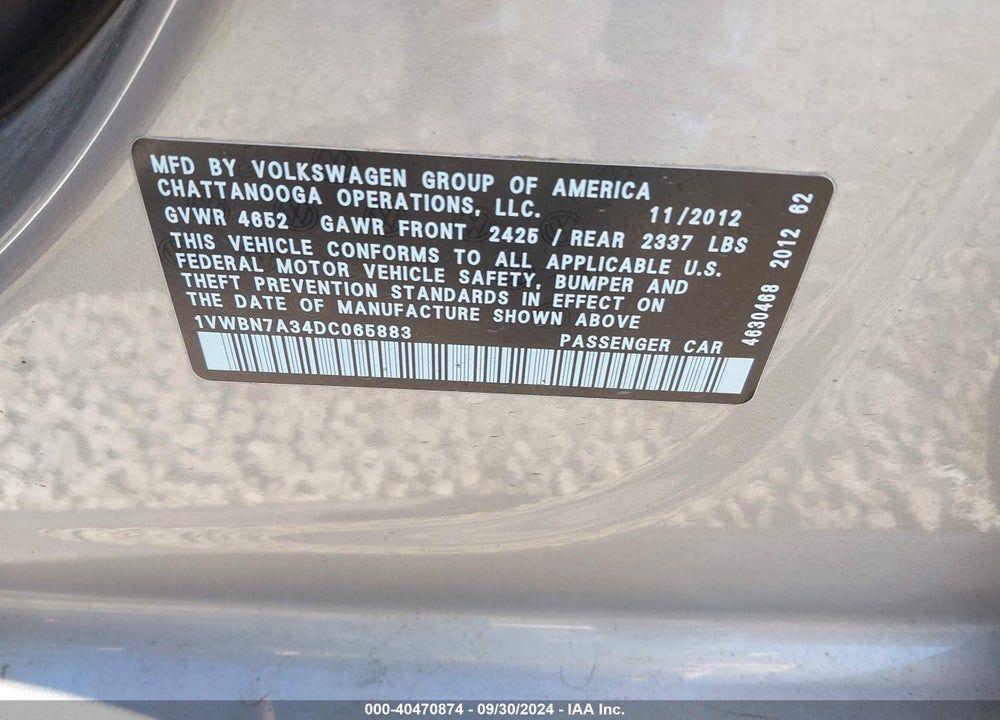 2013 VOLKSWAGEN PASSAT 2.0L TDI SE VIN: 1VWBN7A34DC065883