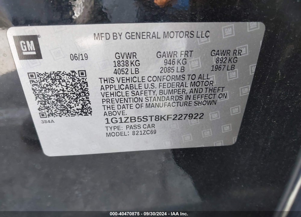 2019 CHEVROLET MALIBU 1LS VIN: 1G1ZB5ST8KF227922