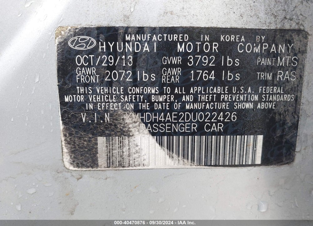 2013 HYUNDAI ELANTRA GLS VIN: KMHDH4AE2DU022426