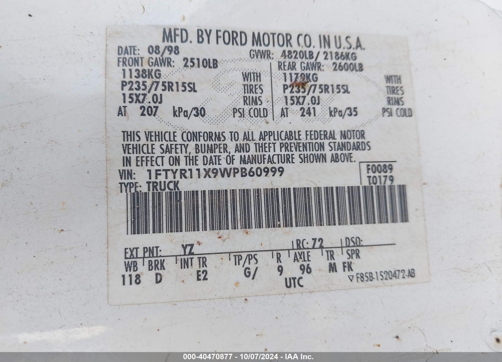 1998 FORD RANGER VIN: 1FTYR11X9WPB60999