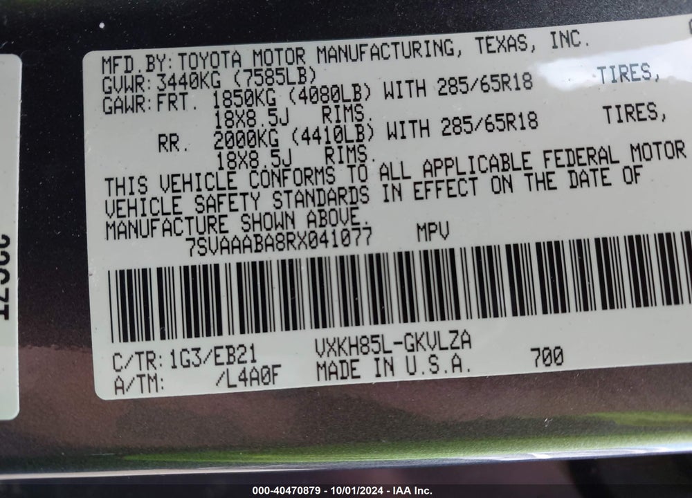 2024 TOYOTA SEQUOIA TRD PRO VIN: 7SVAAABA8RX041077