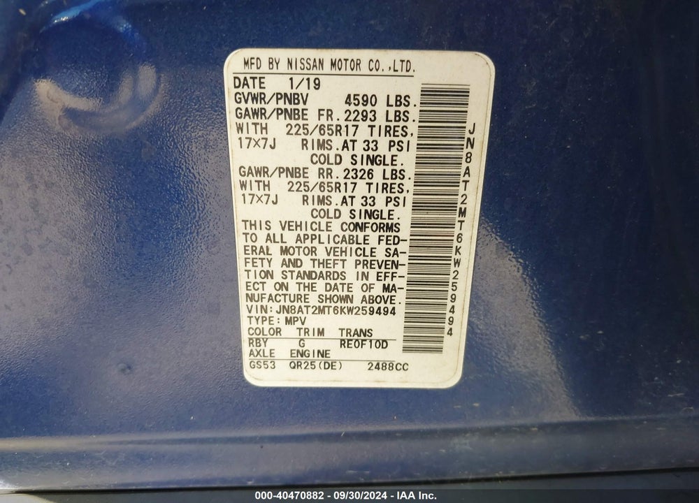 2019 NISSAN ROGUE SV VIN: JN8AT2MT6KW259494