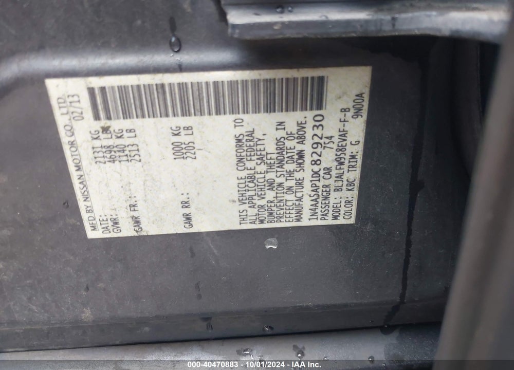 2013 NISSAN MAXIMA 3.5 SV VIN: 1N4AA5AP1DC829230