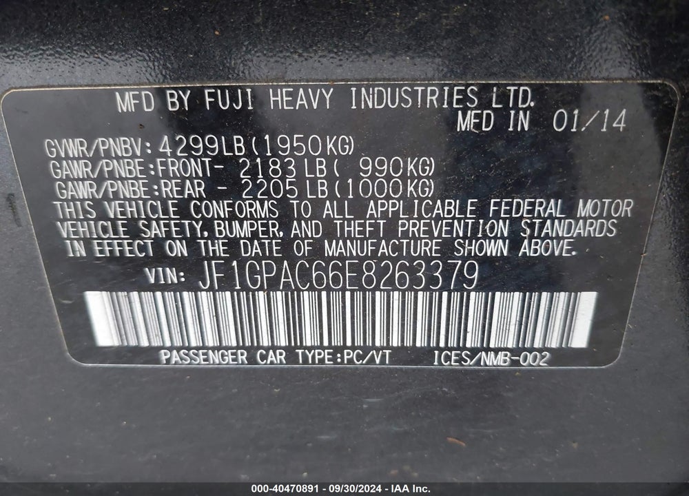 2014 SUBARU IMPREZA 2.0I PREMIUM VIN: JF1GPAC66E8263379