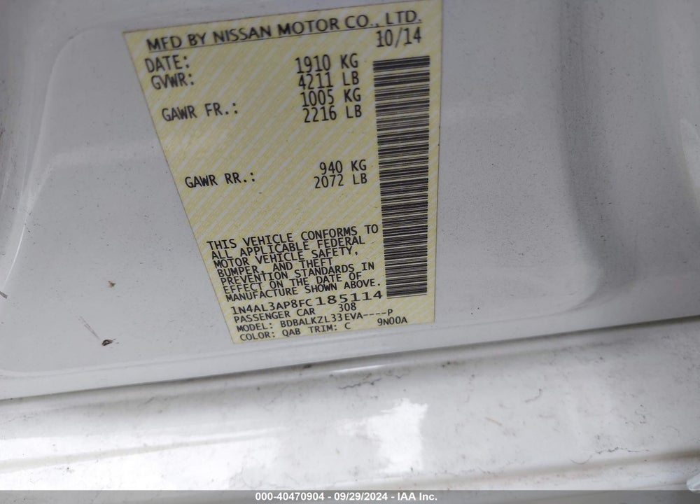 2015 NISSAN ALTIMA 2.5 SV VIN: 1N4AL3AP8FC185114