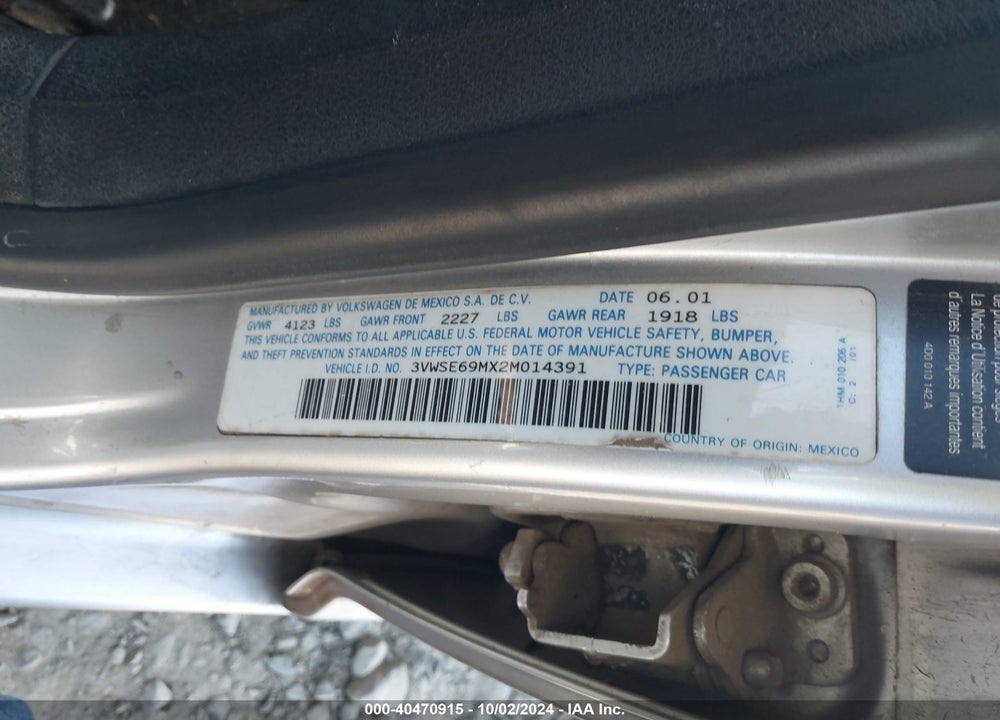 2002 VOLKSWAGEN JETTA GLS 1.8L VIN: 3VWSE69MX2M014391