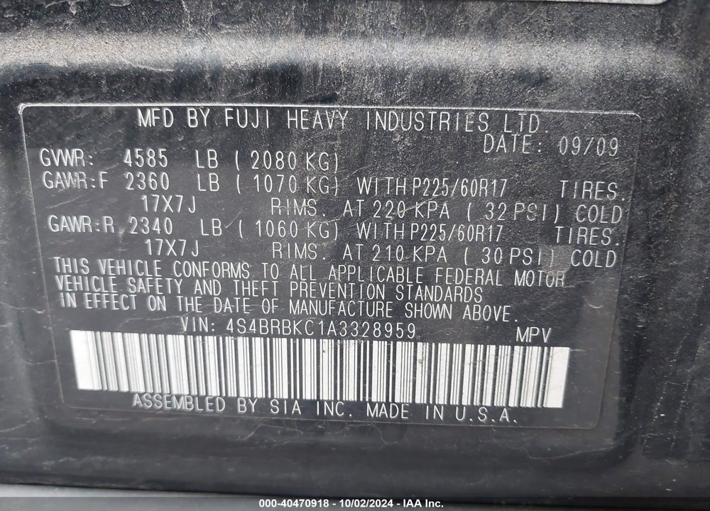 2010 SUBARU OUTBACK 2.5I LIMITED VIN: 4S4BRBKC1A3328959