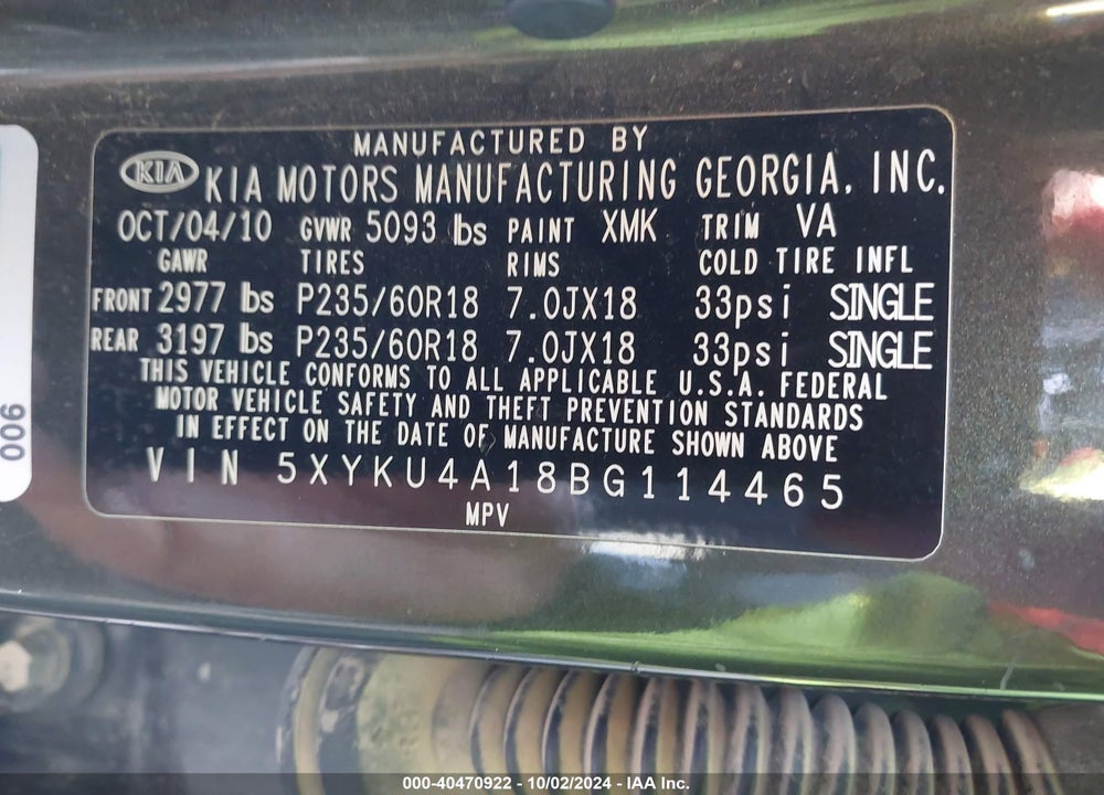 2011 KIA SORENTO EX VIN: 5XYKU4A18BG114465