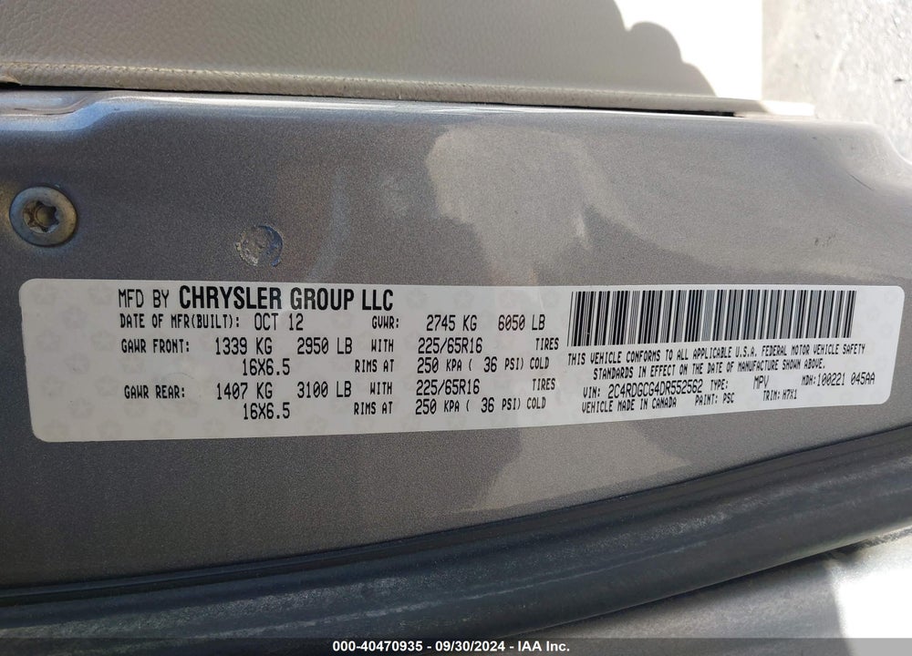 2013 DODGE GRAND CARAVAN SXT VIN: 2C4RDGCG4DR552562